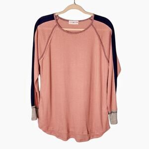 COCO & MAIN Womens Sz M Pink Blue Gray Waffle Knit Pullover Top Long Sleeve